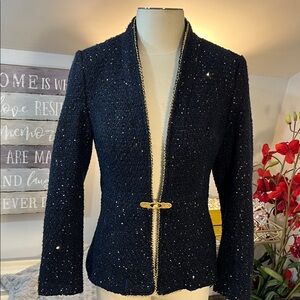 High End Navy Blue Tweed Knit Blazer with Gold Trim & Sequin Accents Size S/M